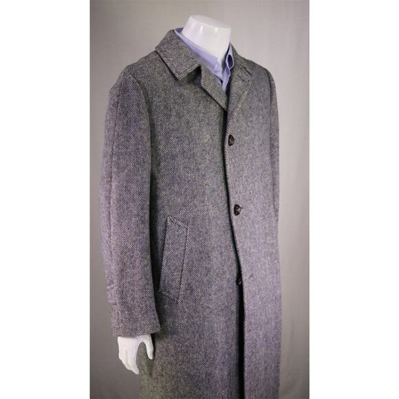 Aquascutum 1980's Blue-Gray Herringbone Tweed Heavy Full Length Overcoat 42R - Picture 5 of 9